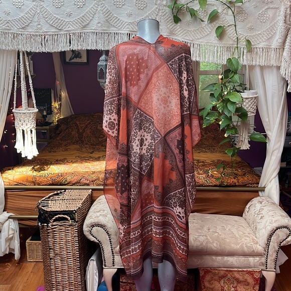 Boho hippie Orange / brown paisley sheer kimono kafton robe - Picture 3 of 3